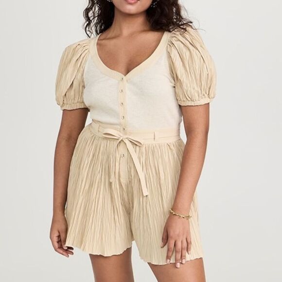Ulla Johnson Vinny Pleated Puff-Sleeve Playsuit in Cobblestone Size 10. - Picture 1 of 7